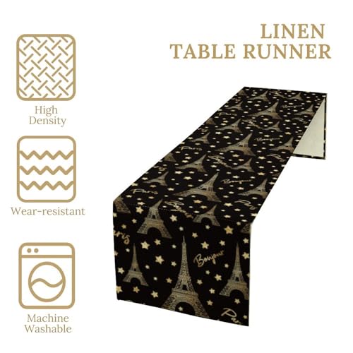 Golden Paris Eiffel Tower Table Runner,Black Golden Eiffel Tower Dinner Runner for Farmhouse Kitchen Dining Table Holiday Party Decoration 13 x 36 Inch - color: Eiffel Tower_1, size: 13x36inch