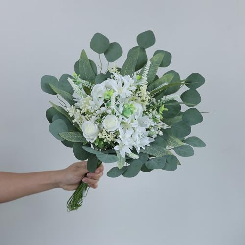 VIERENA Artificial Greenery Stems Box Set(Pack of 75pcs) with 8 Kinds of Faux Plants and Fake Flowers for DIY Wedding Bouquet Table Centerpieces and Floral Arrangement (White&Green) - color: White&green