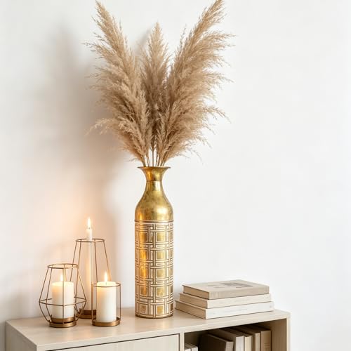 Hosley 16" Distressed Gold Cylinder Flower Vase with Etched White Geometric Grid Pattern for Home Decoration & Floral Arrangements - color: Gold White, size: 16" High