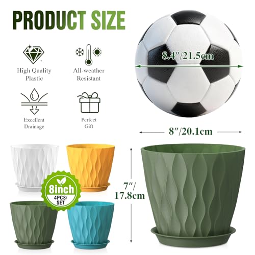 8 Inch Wave Plant Pots with Drainage Holes & Saucers, 4 Pack Modern Textured Medium Planters for Indoor Outdoor Plants, Decorative Flower Pots Set for Flowers, Herbs (Multicolor) - color: Multicolor