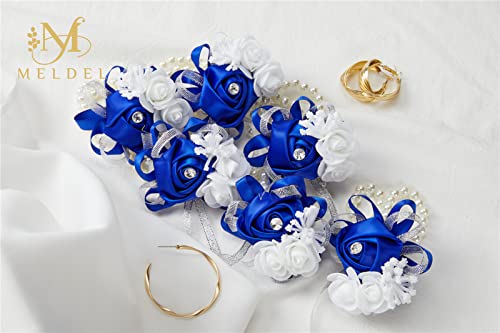 4pcs Royal Blue Wedding Wrist Corsages Faux Silk Rose for Women | for Wedding, Prom, Homecoming, and Evening Party, Wrist Corsages with Pearls for Brides, Bridesmaids, Mother of the Bride - color: 4pcs Royal Blue Wrist Corsages