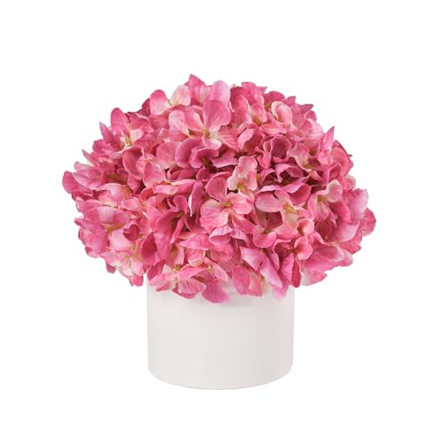 Pink Hydrangea Fake Flowers in Vase, Spring Artificial Flowers with White Ceramic Vase, Small Faux Potted Floral Arrangements for Home Bathroom Kitchen Vanity Shelf Coffee Table Centerpiece Decor Gift - color: Hydrangea, Pink