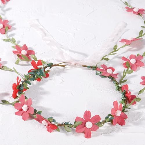 Red Fairy Flower Headpiece, Bohemian Vine Flower Crown with Daisy Floral, Handmade Forest Woodland Floral Headband for Women Renaissance Party Cosplay Costume Hair Accessories - color: Red