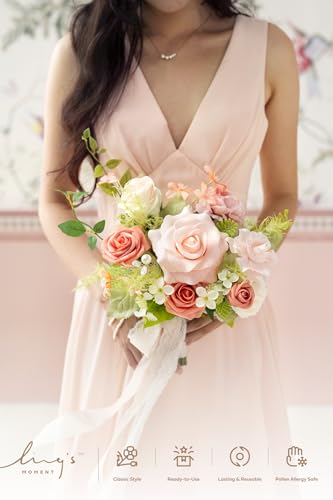 Ling's moment Pink Artificial Wedding Flower Bouquets for Bridesmaids Blush Floral Bouquet Bridesmaid Bouquets with Ribbon Ceremony Anniversary,7-inch Diameter - color: Pk-blush Garden