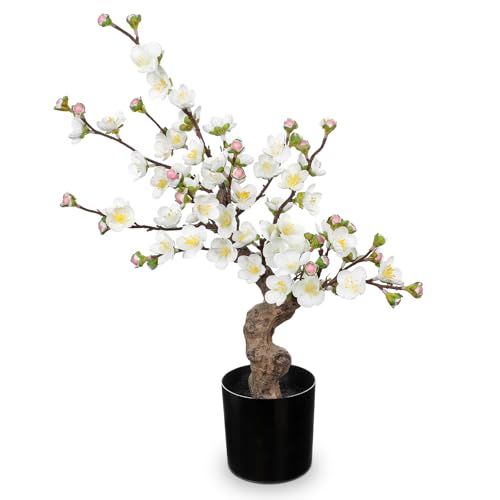 Faux Cherry Blossom Decor White Silk Flowers Arrangement 17.3" Small Cherry Blossom Flowers Tree Realistic Artificial Flowers with Vase Pot Fake Flowers for Home Office Table Centerpiece Wedding Decor - color: White #1, size: 17.3 inch