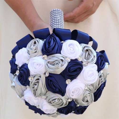 Bridal Wedding Bouquet with Bling Silver Rhinestones for Bride Bridesmaid Quinceanera Satin Rose Flower Bouquet Wedding Navy Blue White and Silver Grey 8.7in - color: Navy Blue, Silver & White (Standard Size: Dia.8.7")