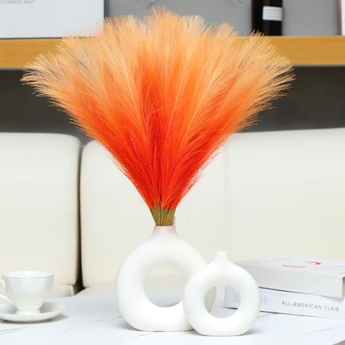 Ureymx Faux Pampas Grass Decor 17.7 Inch 30pcs, Pompas Grass Flower Arrangement and Vase Filler Artificial Pampas Grass Short Decor for Boho Home Wedding Decoration (Gradient Orange) - color: Gradient Orange, size: 17 Inch 30 Pcs
