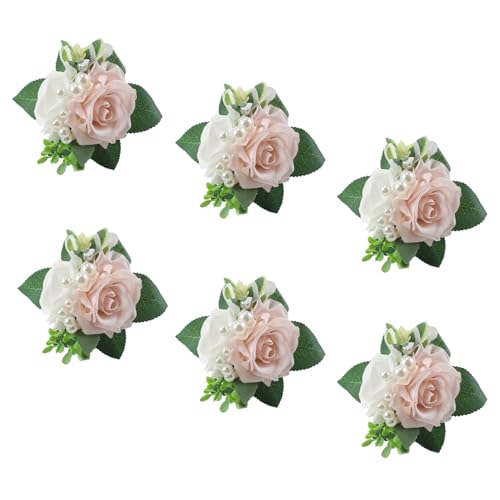Pink&White Boutonniere for Men Wedding, Set of 6,Elegant Pearls Rose Boutonniere for Groom Groomsman Prom,Homecoming,Anniversary,Party,Prom Flowers and Vintage Wedding - color: White&pink Boutonniere 6pcs