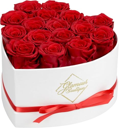 GLAMOUR BOUTIQUE Preserved Roses in a Box - Gifts for Her, Wife & Mom, Rose Flowers Forever Decor for Birthday Gift, Get Well Flower Bouquet Cased in White Box with Cover - Red - 16 (Color-Treated) - color: Red, size: 16 Roses Heart Box