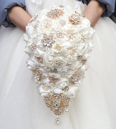 Luxury Cascade Bridal Wedding Bouquet Satin Rose Waterfall Holding Bouquet Artificial Flower Bunch for Bride Bridesmaid(Ivory, 17.3" x 8.7") - color: Ivory, size: 17.3"L x 8.7"W(44cm x 22cm)