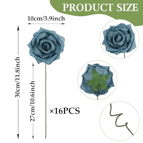 Foam Roses,16Pcs Dusty Blue Foam Flowers Real Looking Artificial Fake Roses with Stems and Leaves for DIY Wedding Bouquets Baby Shower Party Home Centerpiece Floral Arrangement (Dusty Blue)