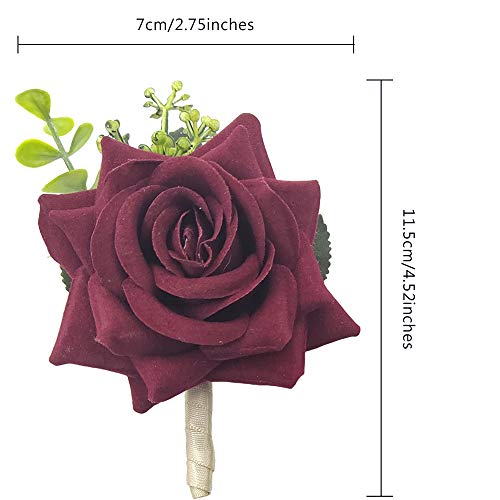 Arlai Wedding Prom Corsage and Boutonniere Set, Rose Wrist Corsage Ribbon Bracelet, Artificial Flower Christmas Wrist Corsage - color: Red Wine (1pc Wrist Corsage+ 1pc Boutonniere)