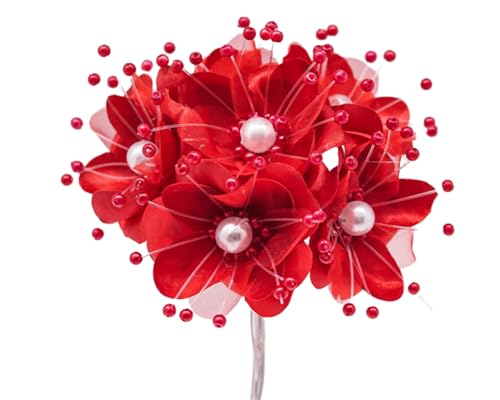 72PC Artificial Silk Pearl Spray Craft Flower for Home Craft Decor DIY Wedding Bridal Veil Headband Dress Cake Topper Embellishment Scrapbook Favor Corsage Floral Bouquet Arrangement (Red) - color: Red