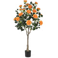 4FT Artificial Camellia Tree with Blooming Orange Flowers, Free Maintencace 4 FT Fake Tree, Faux Plants with Blooming Flowers, for Indoor Outdoor Home Office Front Door Decor