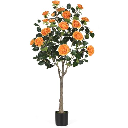 4FT Artificial Camellia Tree with Blooming Orange Flowers, Free Maintencace 4 FT Fake Tree, Faux Plants with Blooming Flowers, for Indoor Outdoor Home Office Front Door Decor