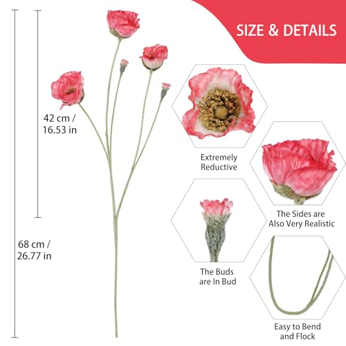 6PCS Red Poppy Flowers Artificial 30 Heads Faux Poppy Flowers 26.77in Silk Flowers with Long Flocking Stems for Wedding Party Home Office Decoration(Red) - color: Red
