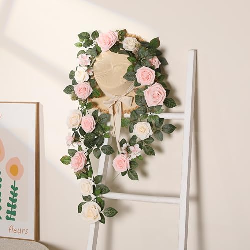 Senseya 5FT Artificial Rose Flower Garland - Blush Pink Fake Floral Vine with Rose Leaves, Runner Rustic Flower Garland for Wedding Arch Backdrop, Table Runner Centerpieces, Party Home Mantel Decor - color: Blush Pink Roses