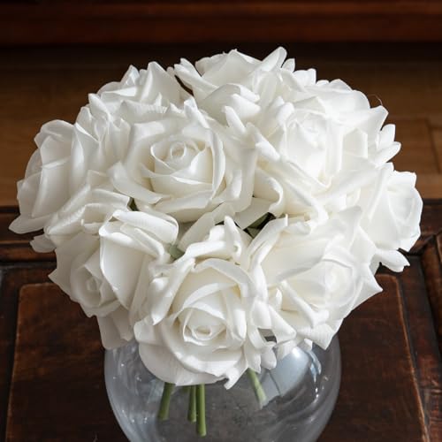 Artificial Roses-10-pcs Soft Touch Fake Flowers with Stems, Realistic Bridal Bouquet & Bulk Home Party Wedding Decor Roses - color: White 10pcs