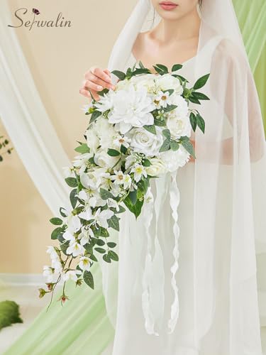 Serwalin 11Inch Bridal Bouquet White Green Wedding Bouquets for Bride Bridesmaid Artificial Wedding Flowers for Wedding Ceremony Anniversary - color: White