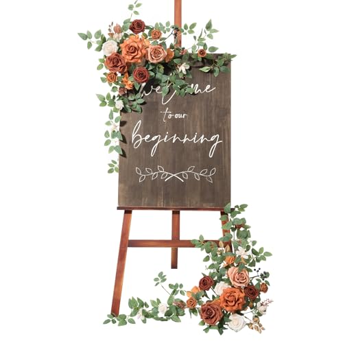 Ling's Moment 2pcs Wedding Flowers Garland Artificial Floral Swag Arch Decorations Rose Greenery Arrangements Sunset Terracotta Ceremony Reception Garden Easel Wall Entryway Outdoor (NOT Include Sign) - color: Sunset Terracotta