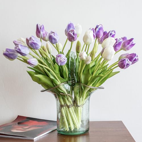 DUYONE 40pcs Artificial Tulips Flowers,Soft Touch Latex Bouquet,Fake Tulips for Office Wedding Party Home Kitchen Garden Decoration - color: 40pcs Amethyst Set (No Vase)