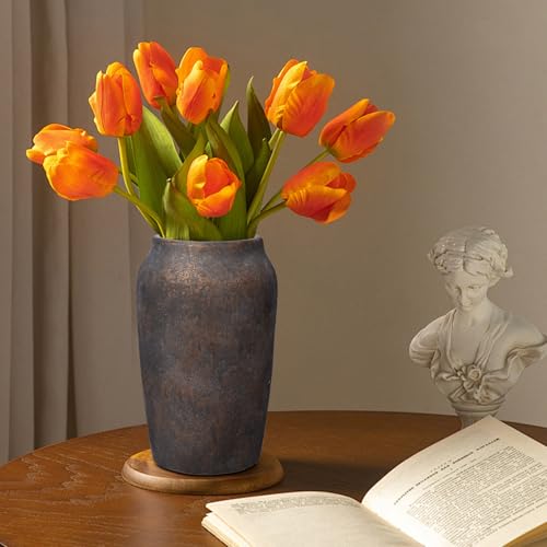 Briful Rustic Vintage Ceramic Vase, 9.06'' Farmhouse Table Decor with Wide Mouth, Large Decorative Vase for Home Decor, Living Room, Entryway & Shelf Styling, Brown - color: 9.06'' Brown