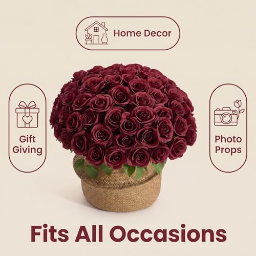 55 Pcs Burgundy Roses Artificial Flowers Bulk, Artificial Roses Fake Flowers with Adjustable Stems, Soft Foam Roses for DIY Wedding Bouquets, Bridal Shower Centerpieces, Home Party Decor - color: Burgundy