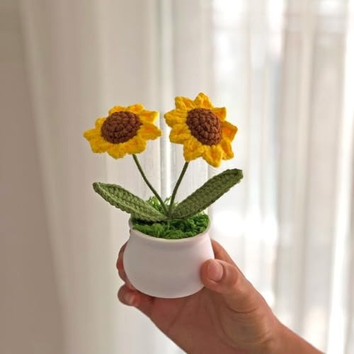 Joekaran Crochet Flowers Cute Little Potted Flower, Gift for Birthday, Teacher’s Day, Graduation, Anniversary, Christmas, Decor for Car Dashboard,Home Office Decoration (Sunflower) - color: Sunflower