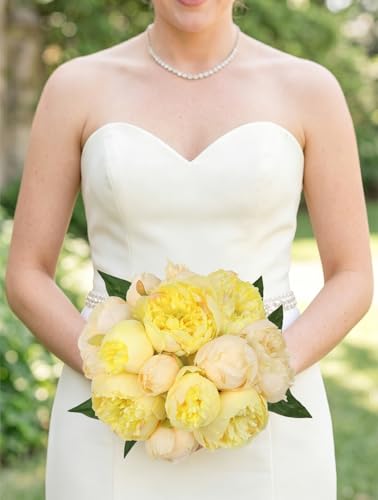 Yellow Peonies Silk Flowers 2 Bouquets Fake Peonies 14 Heads Faux Peony Flowers with Stems for Wedding Decoration Bride Bouquet Faux Flowers Crafts Floral Arrangement (Yellow) - color: Yellow