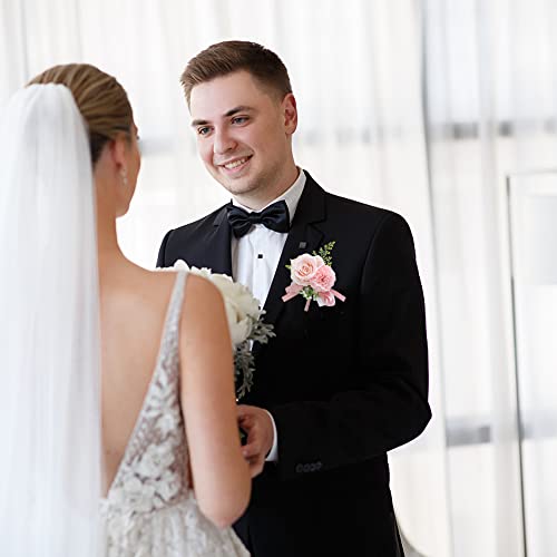 Wrist Corsage and Boutonniere Set for Bride Groom Bridesmaids Groomsmen Wedding Homecoming Flowers Prom Suit Accessories, Rose Boutonniere and Corsage Wristlet Flower - color: Pink