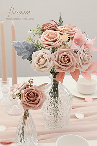 Floroom Artificial Flowers 25pcs Real Looking Morandi Peach Ombre Colors Foam Fake Roses with Stems for DIY Wedding Bouquets Bridal Shower Floral Centerpieces Party Tables Home Decorations - color: Shades of Morandi Peach