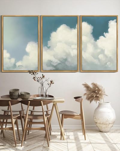 SHENIFY Vintage Framed Wall Art Cloud in Sky Landscape Scenery Rustic Home Decor Retro Decorations for Farmhouse Hallway Bedroom Ready to Hang Wall Artwork - 24x36in3pcs Natural Framed - color: Natural, size: 36L" x 24W" x 3PCS