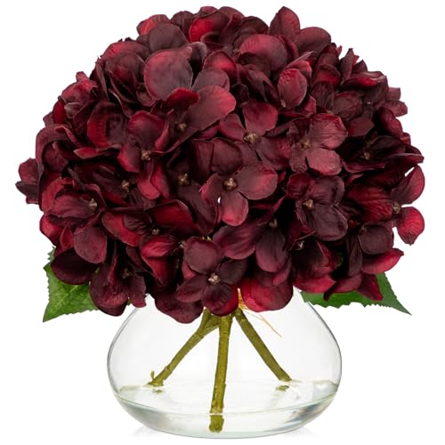 Hollyone Dark Red Fall Hydrangea Artificial Flowers for Decoration in Glass Vase Autumn Silk Faux Flower Arrangements with Faux Water Table Centerpiece Vase with Fake Flowers Fall Decorations for Home - color: Hydrangea, Dark Red