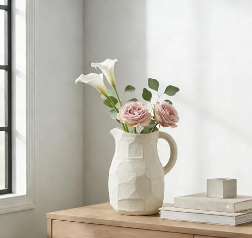 White Ceramic Pitcher Vase for Flowers - White Farmhouse Pitcher Vase with Handle,7 Inch Small Milk Jug Vases for Home Decor,Decorative Ceramic Vases for Bookshelf,Mantel,Living Room - color: Pitcher Vase