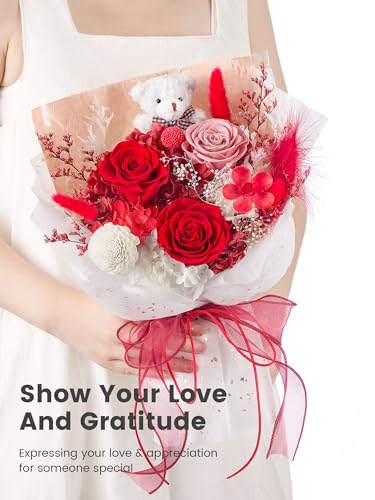 Polylove Forever Flower Bouquet Flowers for Delivery Prime Preserved Roses with Bear Gift Box for Wife Women Mother Day Anniversary Birthday (Red) - color: Red