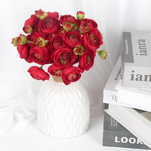 IPOPU Red Ranunculus Artificial Flowers 2 Bouquets Red Silk Flowers with Stems 12PCS Faux Ranunculus Mini Fake Flower for Vase Filler Flowers DIY Wedding Bouquet Bridal Shower Decoration - color: Red