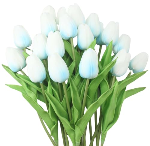 10-Heads Home Decor Mini Tulip Real Touch Tulips Artificial Flowers Bouquets for Home Wedding Party Centerpiece Decoration (Blue) - color: Blue