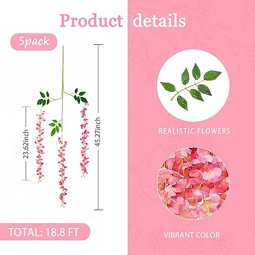 5 Pack Dark Pink Wisteria Hanging Flowers Garland, 3.77 Feet Artificial Flower Vines, Fake Wisteria, Artificial Vines Hanging Garland for Backdrop Outdoor Yard Garden Decor - color: Dark Pink, size: 5 PCS
