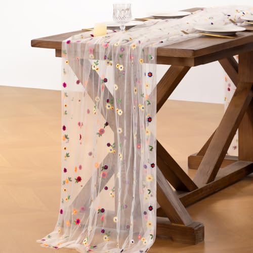 Socomi Flower Table Runner Summer Daisy Floral Tulle Gauze Cheesecloth Embroidery Table Runners for Tea Party Garden Wedding Bridal Baby Shower Birthday Picnic Decor Ivory 1pc - color: Daisy Ivory, size: 10ft X 1pc