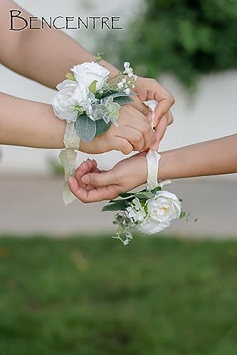 White Corsages for Wedding(Set of 6),Corsages for Prom,Party Prom Hand Flower Decor,Mother of The Bride Corsage,Bridesmaid Wrist Corsage - color: White&greenery