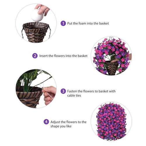 Artificial Fake Hanging Flowers with Basket for Outdoor Decoration,UV Resistant Faux Silk Daisy Flowers Dark Purple and Fuchsia Orchid Vines in Planter Realistic Hanging Baskets for Home Porch Garden - color: Dark Purple+fuchsia Daisy