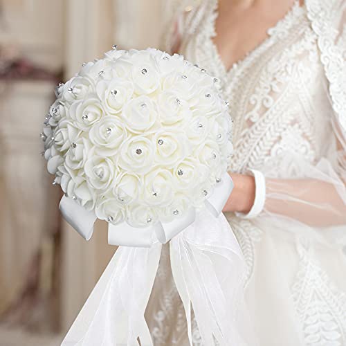 Wedding Bridal Bouquet, Handmade Crystal Ribbon Rhinestone Wedding Bridesmaid Bouquet, Bridal Artificial Rose Flowers for Ceremony Church Decoration (White-Crystal) - color: White-crystal