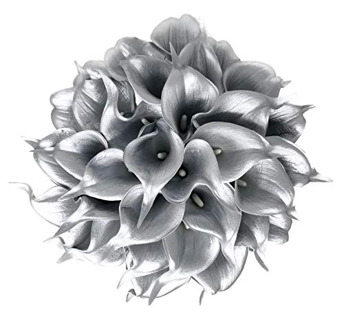 Floral Kingdom 20 Pack Artificial Calla Lily Flowers 14 Inch Silver Real Touch Faux Calla Lilies for Home Decor, Table Centerpieces, Living Room & Weddings - color: 925 Silver