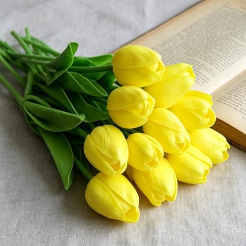 PU Real Touch Tulips Artificial Flowers 30Pcs Fake Flowers Arrangement Bouquet for Home Office Wedding Decoration (Yellow) - color: Yellow 30pcs