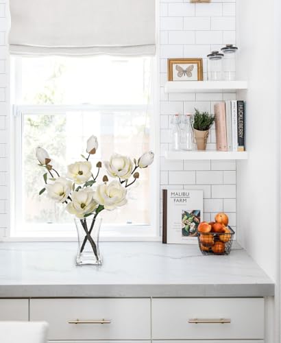 Briful Artificial Magnolia Flower Arrangement with Glass Vase, 18.5in White Faux Magnolia Flowers Fake Floral Centerpiece for Eleglant Home Office Room Table Shelf Décor - color: Cream White