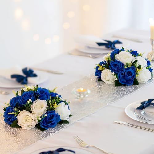 Flower Balls Wedding Rose Centerpieces: 10 Pcs Fake Flowers Royal Blue&White Kissing Balls Decor Artificial Floral Arrangements Flower Bouquet of Roses Home Party Table DIY Decorations - color: Royal Blue White