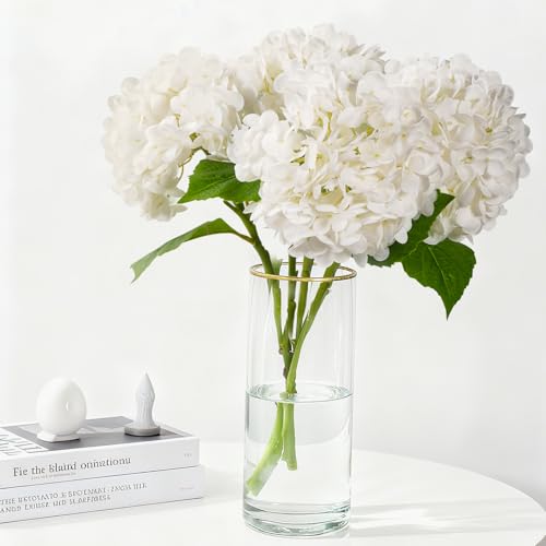 20" 4Pcs White Faux Hydrangea Flowers Real Touch Fake Hydrangeas Bouquet Hydrangea Artificial Flowers with Leaves Stems for Centerpiece Arrangements Wedding Party Home Décor - color: White