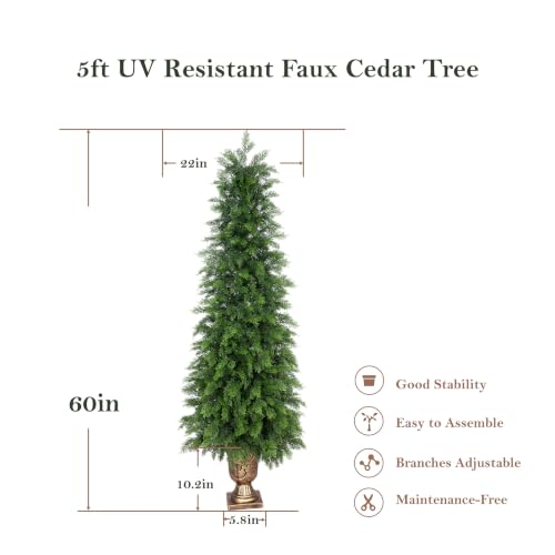 Bellacat 5ft UV Resistant Topiary Trees Artificial Outdoor with Urn Planter & Soft Real Touch Leaves, 60in Lifelike Faux Cedar Tree, Fake Cypress Tree for Front Door Porch Patio Deck Home Decor, 2Pack - color: Golden Urn Planter-2pack, size: 5ft