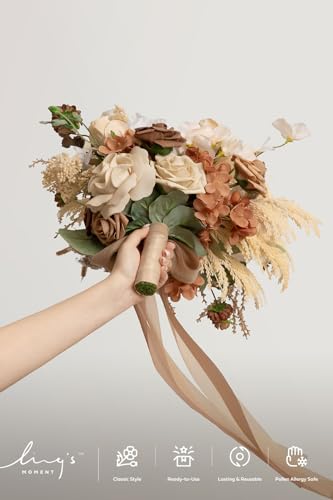 Ling's moment Boho Wedding Bouquets for Bride, Earth Brown & Tawny Beige Bridal Bouquets for Bride, 13 Inch Free Form Artificial Wedding Flower Bouquet for Rustic Wedding Ceremony Anniversary - color: Brn- Earth Brown & Tawny Beige, size: Small 13 Inch
