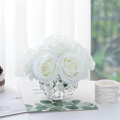 7 Large Stem Rose Artificial Flowers in Vase, Silk Flowers Arrangement in Round Glass Vase Without Water for Home Decor, Wedding Table (Cream) - color: White W/O Water